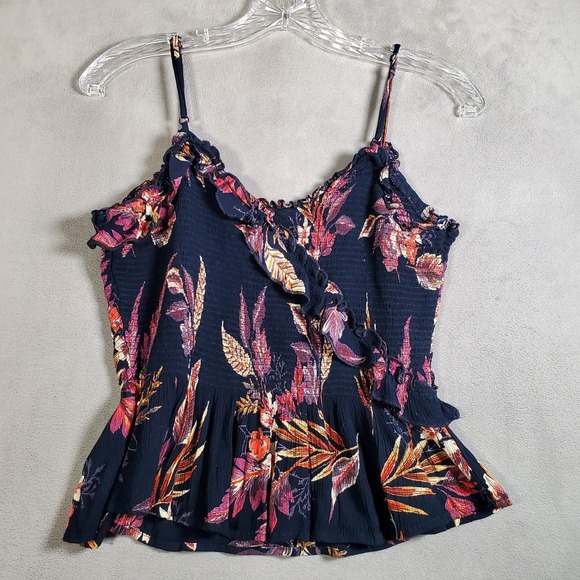 Y2K Babydoll Cami Top S Blue Pink Floral Smocked Ruffle Boho Patrons of‎ Peace - Picture 2 of 7